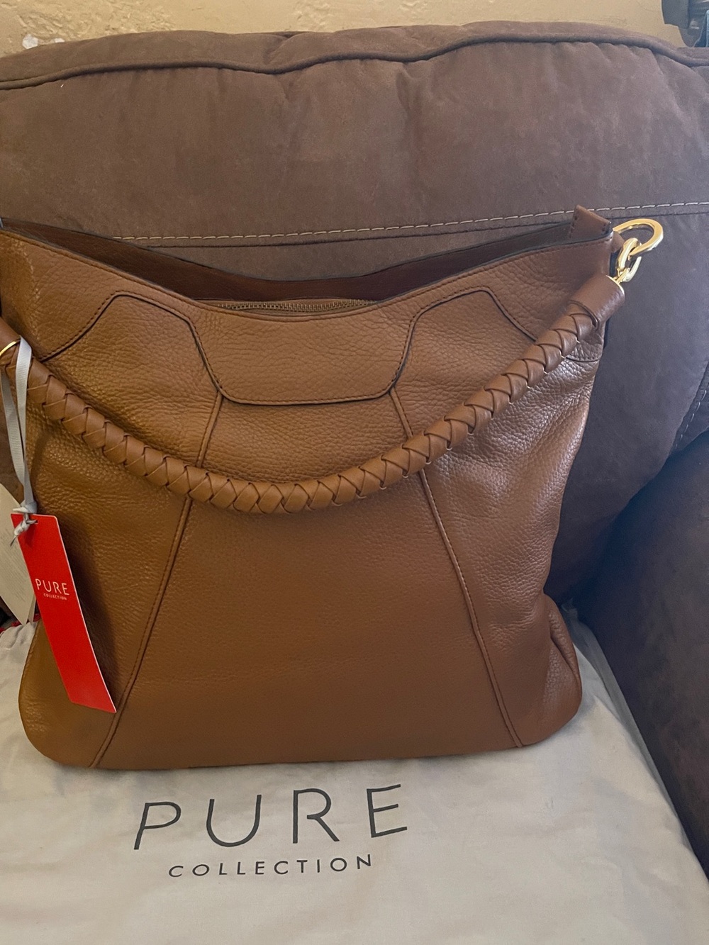 Pure Collection Tan Braided-Handle Leather Shoulder Bag